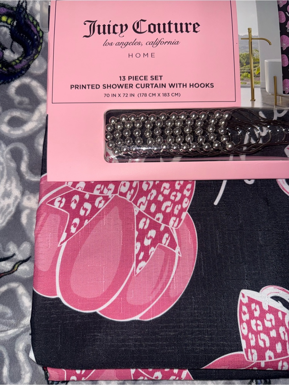 Juicy Couture Pink and Black Printed Shower Curtain with Bow Motif